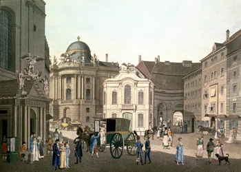 Vista, de, Michaelerplatz, mostrando, a, antigas, Burgtheater, (hand-colored, engraving)